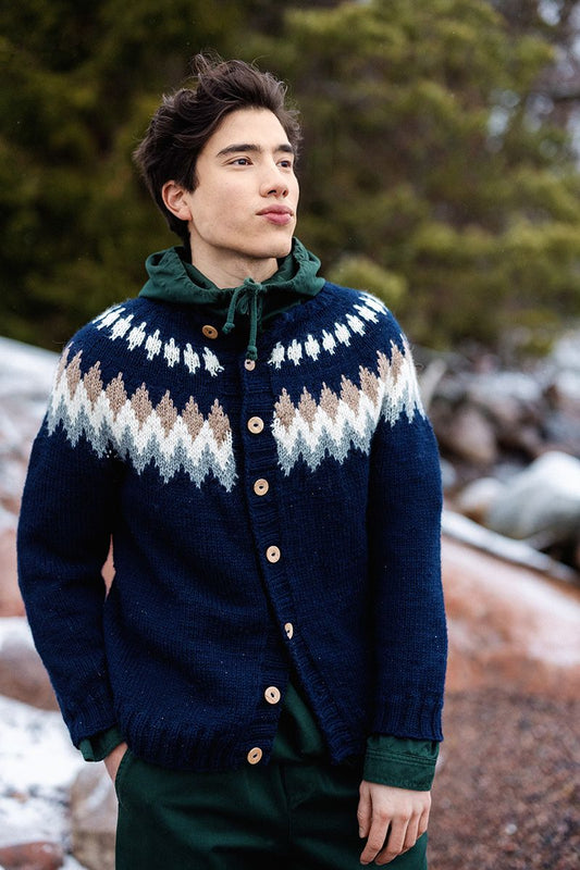 Downloadable pattern: Kevättalvi Yoke Cardigan (Novita Spring 2025)